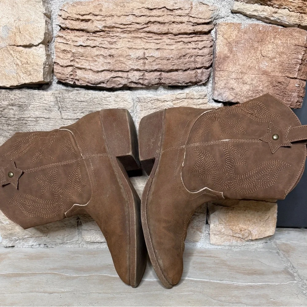 DREAM‎ PAIRS KIDS Embroidered Brown Slip-On Cowgirl Ankle Boots Size 5